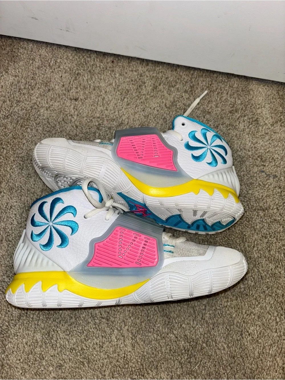 Nike Kyrie 6 Kids White High-Top Sneakers with Teal & Yellow Accents